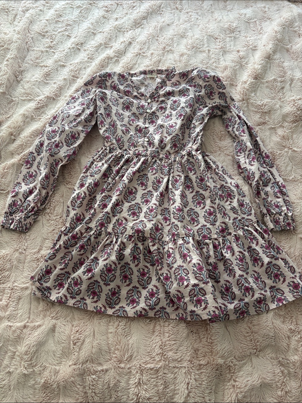 Crewcuts Floral Tiered Long-Sleeve Dress in Ivory and Dusty Rose